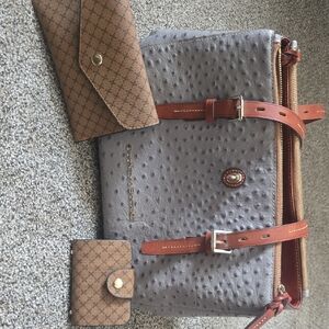 Dooney & Bourke Gray Ostrich-Embossed Messenger with Tan Leather Trim